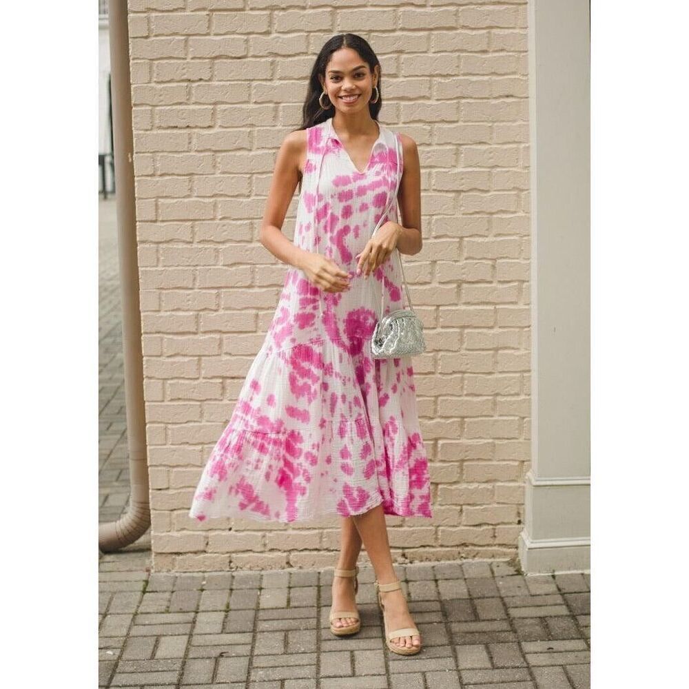 STARK X Women’s Pink & White Tie Dye Sleeveless Gauze Layered Maxi Dress Size M